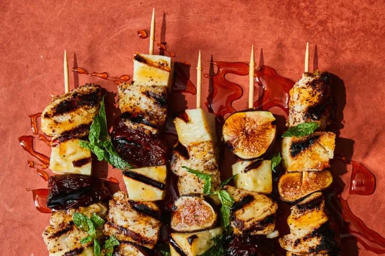 When lunch is the main event, here's a 'Greek Out' take on halibut and halloumi skewers